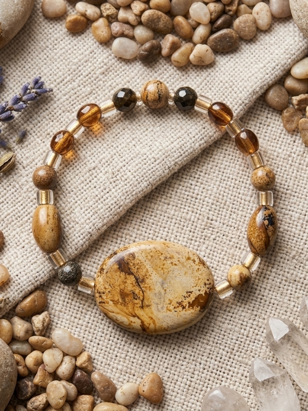 Handmade Jaspers & Glass Beaded Bracelet Oval Focal Stone